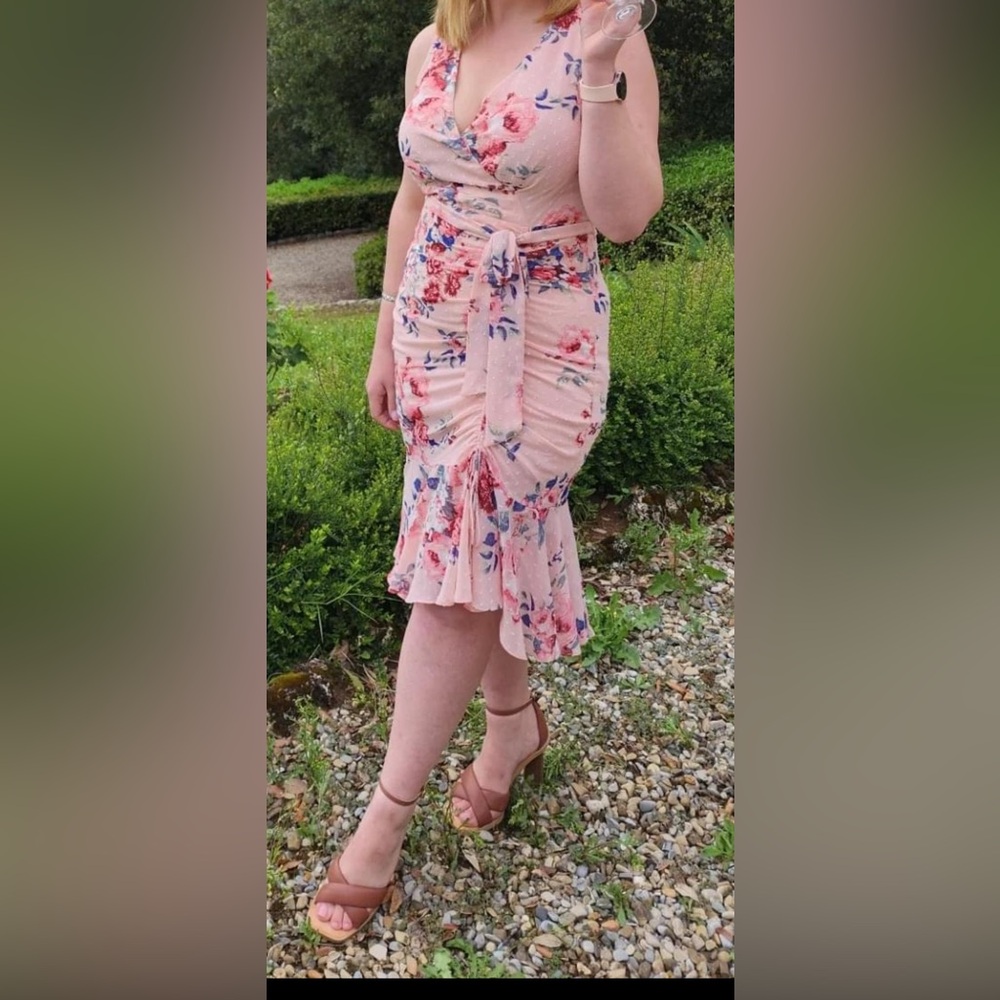 Floral Ruched Chiffon Faux Wrap Dress